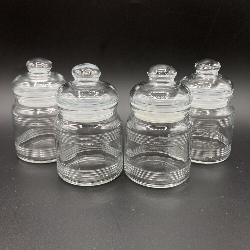 4 Set Anchor Hocking USA Clear Ribbed Stripes Apothecary Candy Jars Small 4" H